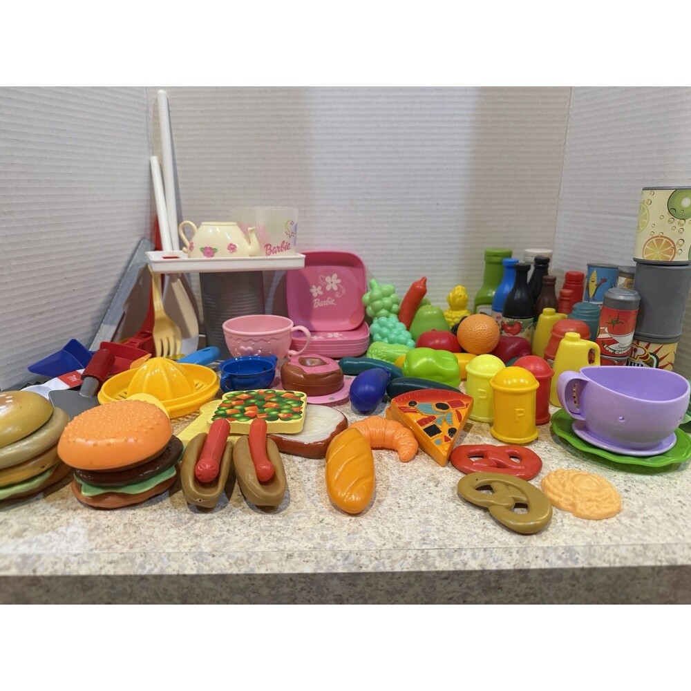 Huge Play Food Kitchen Lot 80+ Pieces Barbie Dishes Cans Fruit Veggies Pretend